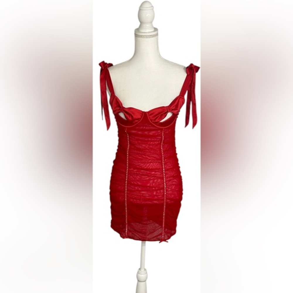 🔥 Victoria’s Secret Red Ruched Mesh Slip Dress | Sexy Lingerie Chemise .